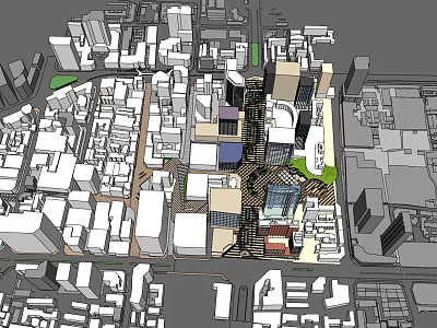 Modern Commercial Street with High Rise Buildings Pedestrian Walkways and Green Spaces 3d model