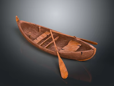Handcrafted Wooden Boat Featuring Curved Hull Design And Traditional Wooden Oars 3d model