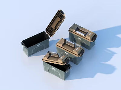 Four Gray And Brown Storage Boxes With One Open Lid For Household Organization 3d model
