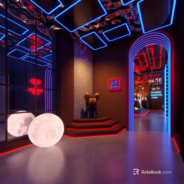 Modern Bar Interior With Neon Lights Moon Decorations Arches And Steps 3d model