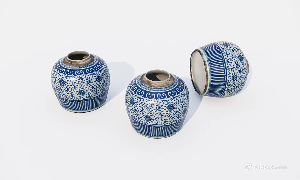 Blue and White Ceramic Jars with Floral Patterns and Open Lid on White Background 3d model