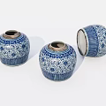 Blue and White Ceramic Jars with Floral Patterns and Open Lid on White Background 3d model