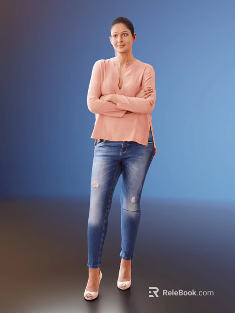 A Woman In Pink Top And Ripped Jeans Standing With Arms Crossed Against Blue Background 3d model 