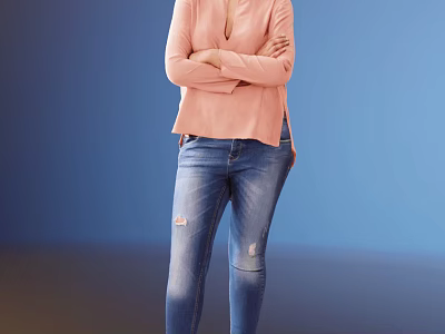 A Woman In Pink Top And Ripped Jeans Standing With Arms Crossed Against Blue Background 3d model
