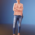 A Woman In Pink Top And Ripped Jeans Standing With Arms Crossed Against Blue Background