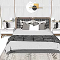 Modern Double Bed Interior With Round Wall Art Patterned Pillows And Checkered Blanket 3d model