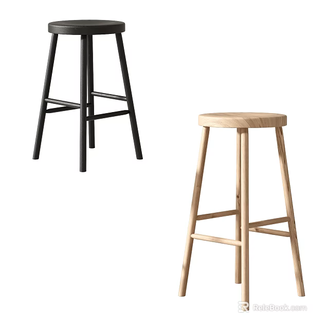Modern Minimalist Bar Stools With Light Wooden And Black Metal Frame Design 3d model 
