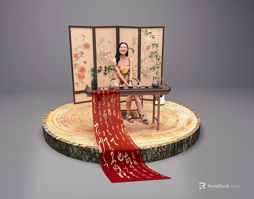Traditional Chinese Photo Check-in Spot With Floral Screen Round Wooden Platform And Red Character Ribbon 3d model 