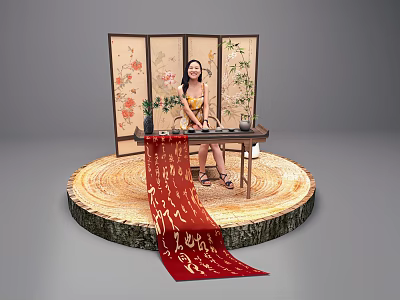 Traditional Chinese Photo Check-in Spot With Floral Screen Round Wooden Platform And Red Character Ribbon 3d model