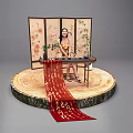 Traditional Chinese Photo Check-in Spot With Floral Screen Round Wooden Platform And Red Character Ribbon