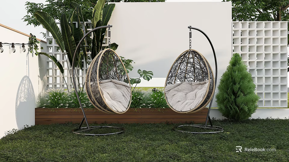 Two Rattan Hanging Outdoor Chairs With White Cushions Curved Metal Stand In Garden Lawn 3d model 