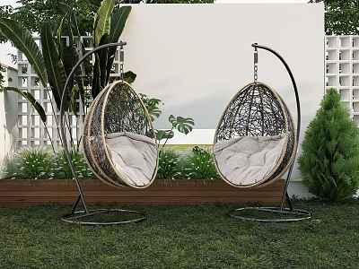 Two Rattan Hanging Outdoor Chairs With White Cushions Curved Metal Stand In Garden Lawn 3d model