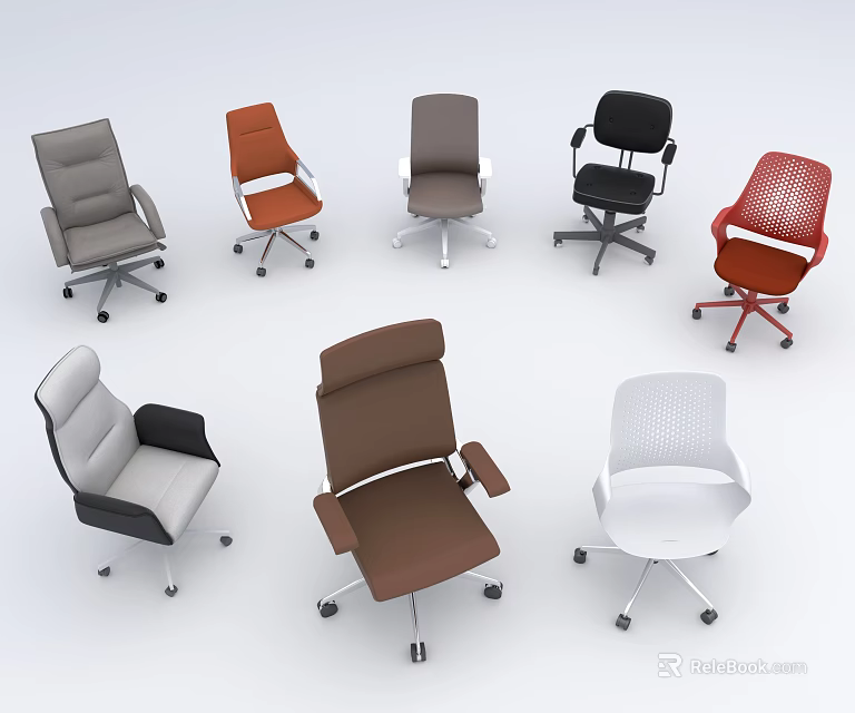 Diverse Office Chairs Featuring Different Styles Colors and Wheeled Bases 3d model