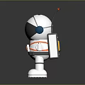 White Cartoon Robot Toy With Orange Antenna Blue Headphones And Reflective Surface