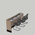 Wooden Office Desk With Microphones Three Gray Mesh Back Chairs Light Top Dark Legs