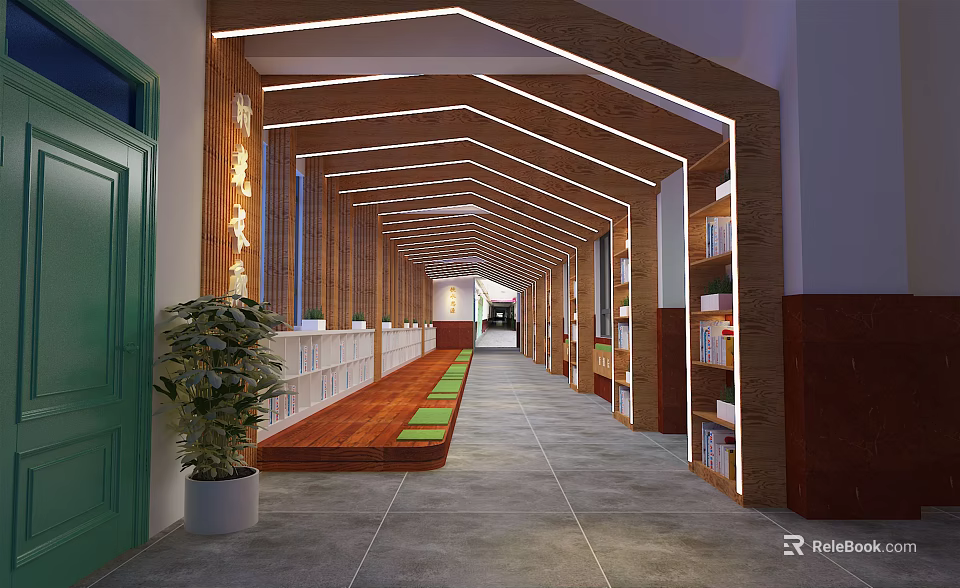 Elevator Hallway Interior With Wooden Structure Lighting Strips Bookshelves And Green Plants 3d model 