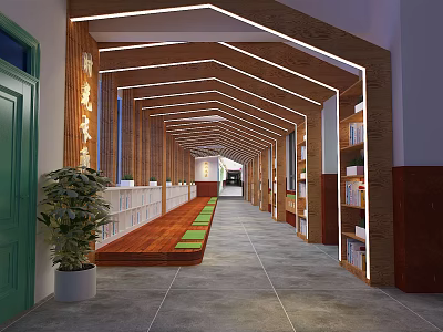 Elevator Hallway Interior With Wooden Structure Lighting Strips Bookshelves And Green Plants 3d model