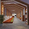 Elevator Hallway Interior With Wooden Structure Lighting Strips Bookshelves And Green Plants