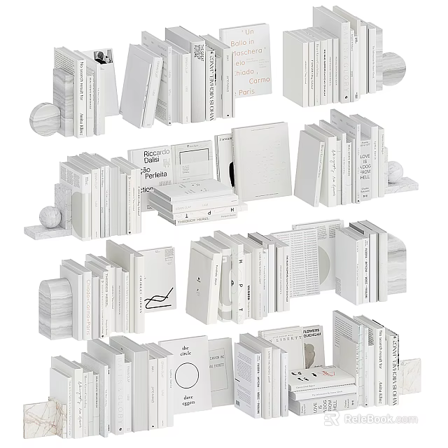 Stylish White Books And Magazines Stacked In Decorative Home Library Display Setup 3d model 