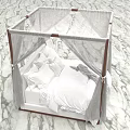 Elegant Double Bed With Four Poster Wooden Frame White Sheer Curtains And White Bed Sheets