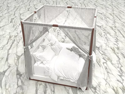 Elegant Double Bed With Four Poster Wooden Frame White Sheer Curtains And White Bed Sheets 3d model