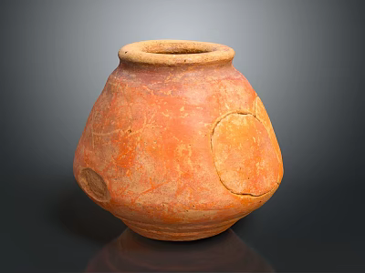 Ancient Orange Red Clay Pot With Patched Surface On Dark Background 3d model