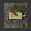 Yellow Gas Utility Box With Damaged Surface And Curved Pipe On Mossy Earth Base