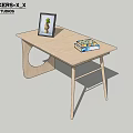 Minimalist Wooden Desk With Photo Frame Stack Of Books And Circular Cutout