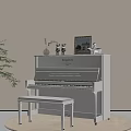 Elegant White Upright Piano With Bench On Round Rug And Decorative Items
