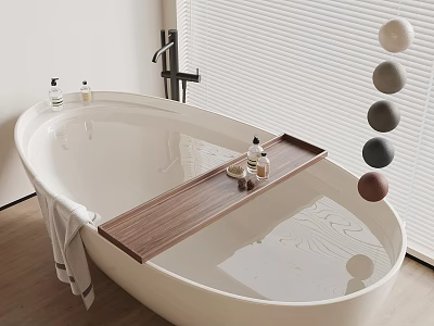 Modern White Bathtub Interior With Wooden Shelf Bath Products And Colorful Spheres 3d model