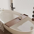 Modern White Bathtub Interior With Wooden Shelf Bath Products And Colorful Spheres