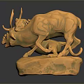 Golden Bull Sculpture with Prominent Horns Standing on Detailed Rock Base