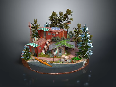 Cartoon Scene With Red Houses Green Roofs Trees And Boat On Circular Island 3d model