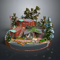Cartoon Scene With Red Houses Green Roofs Trees And Boat On Circular Island
