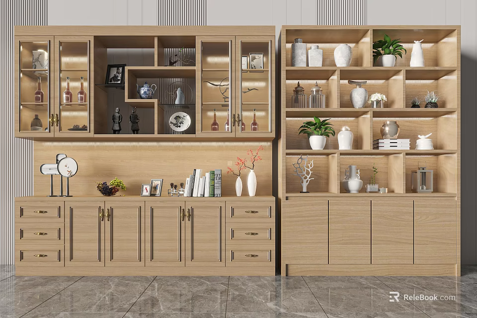 Elegant Wooden Wine Cabinet With Glass Doors Wine Bottles Decorative Items And Green Plants 3d model 