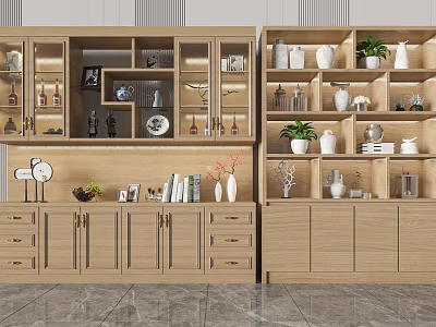 Elegant Wooden Wine Cabinet With Glass Doors Wine Bottles Decorative Items And Green Plants 3d model