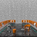 Modern Orange Sofa Coffee Table Set With Armchair Stools Perforated Wall And Floor Lighting