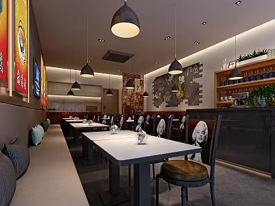 Modern Restaurant Interior with Long Tables Skull Patterned Chairs Pendant Lights and Booth Seating 3d model