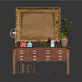 Vintage Wooden Dresser With Golden Framed Mirror And Decorative Items On Top