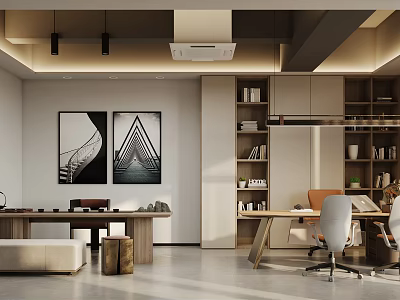 Modern Office Interior Design With Wooden Desk Office Chair Bookshelves And Abstract Paintings 3d model