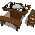 Wooden Dining Table Set With Metal Center Bench Side Table Tableware And Green Plant 3d model