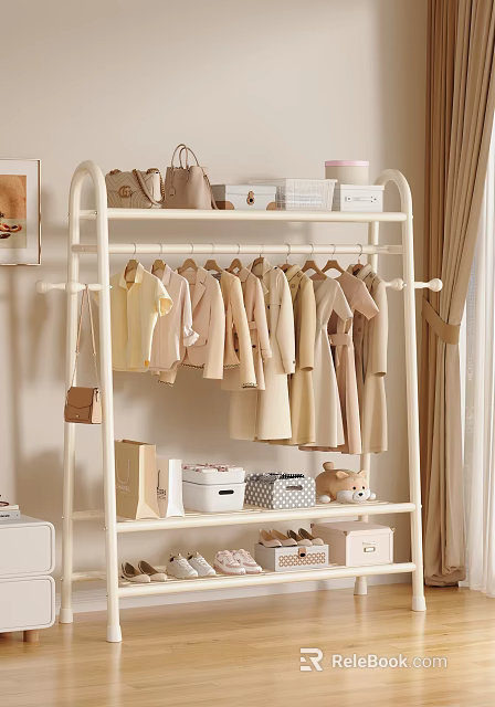 Cozy Living Room With Beige Clothes On White Rack Handbags Storage Boxes And Stuffed Bear 3d model 