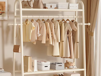Cozy Living Room With Beige Clothes On White Rack Handbags Storage Boxes And Stuffed Bear 3d model