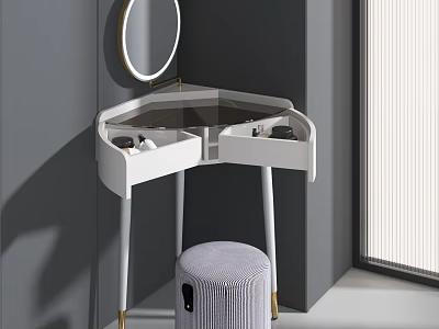 Modern White Dressing Table With Round Mirror Open Drawers And Padded Stool 3d model