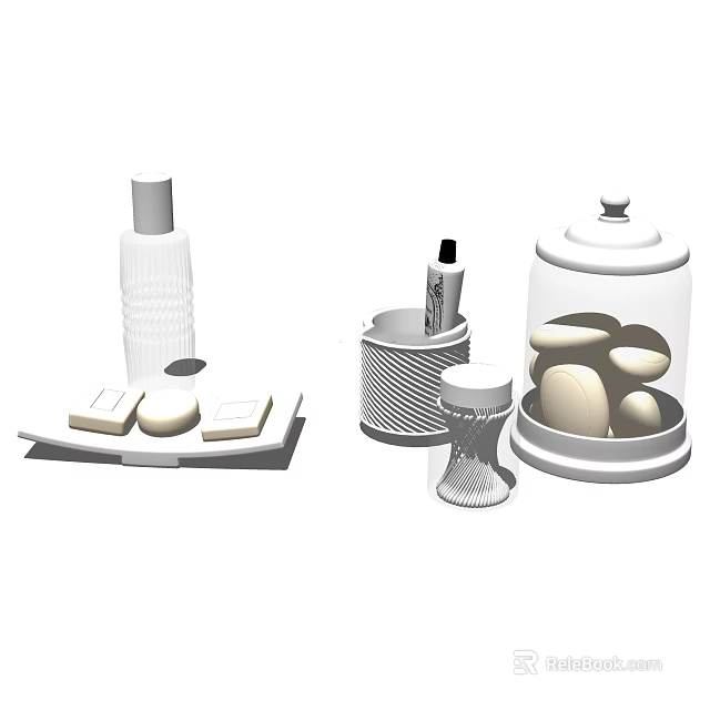 Modern White Bathroom Accessories With Tray Bottles Containers And Lidded Jar 3d model 