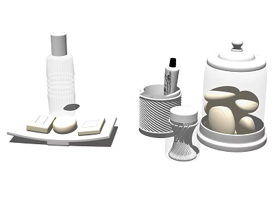 Modern White Bathroom Accessories With Tray Bottles Containers And Lidded Jar 3d model