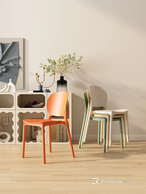 Modern Orange Green Beige Dining Chairs With Greenery Vase Abstract Art In Minimalist Interior 3d model 