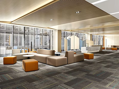 Modern Lounge Area With Sofas Ottomans And Large Windows 3d model