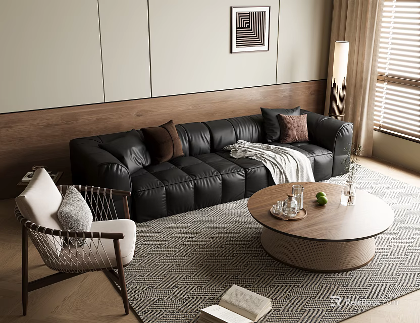 Black Leather Multi Seater Sofa With Throw Pillows And Wooden Coffee Table On Area Rug 3d model 
