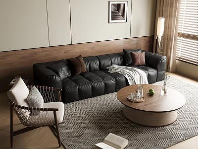 Black Leather Multi Seater Sofa With Throw Pillows And Wooden Coffee Table On Area Rug 3d model
